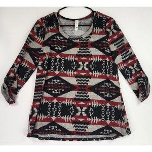 Pink Owl Sweater Womens Large Red Black GrayAztec Print Holiday Momcore Roll Tab